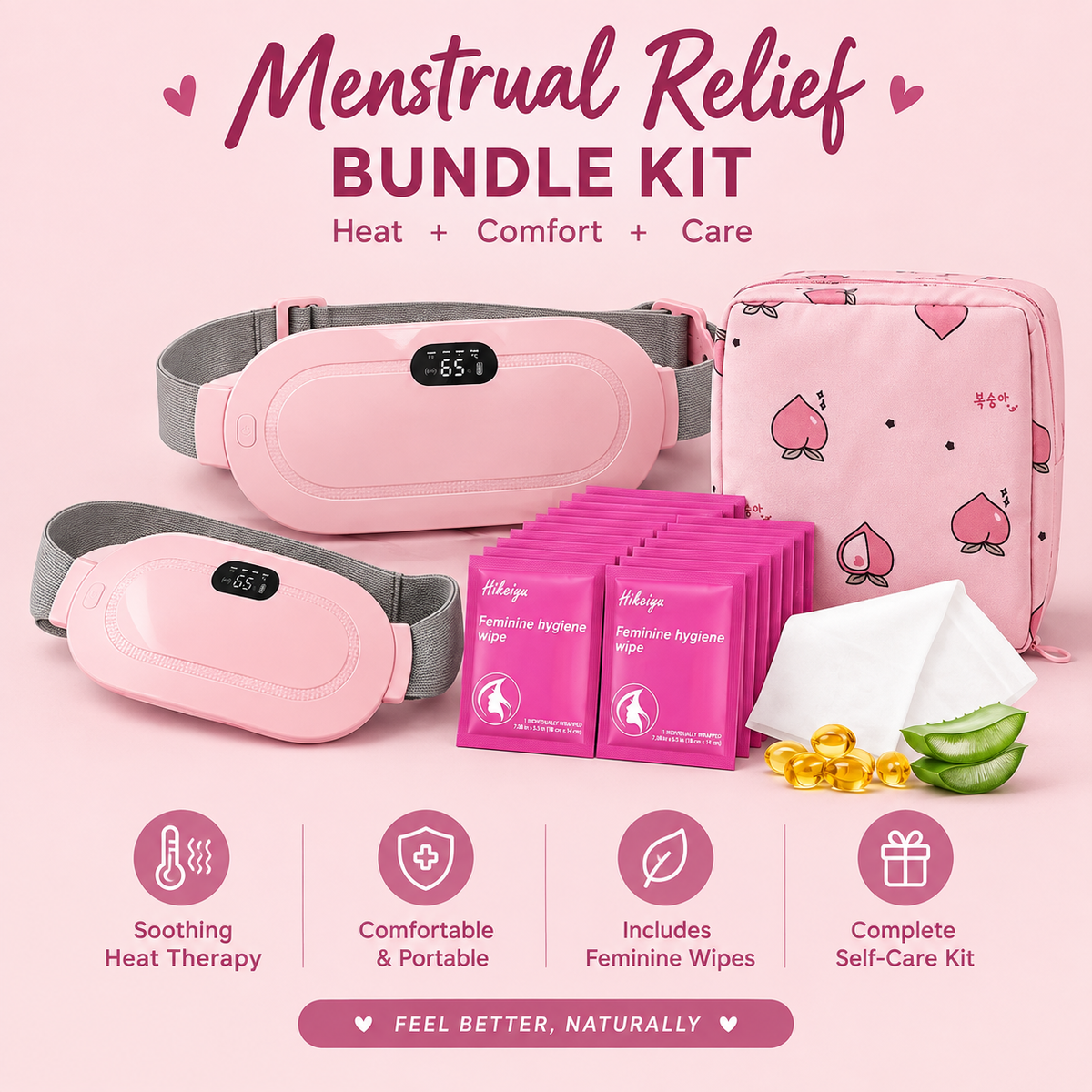 Glow Beauty Bundle Kit — heating pad, feminine hygiene wipes, and sanitary pouch